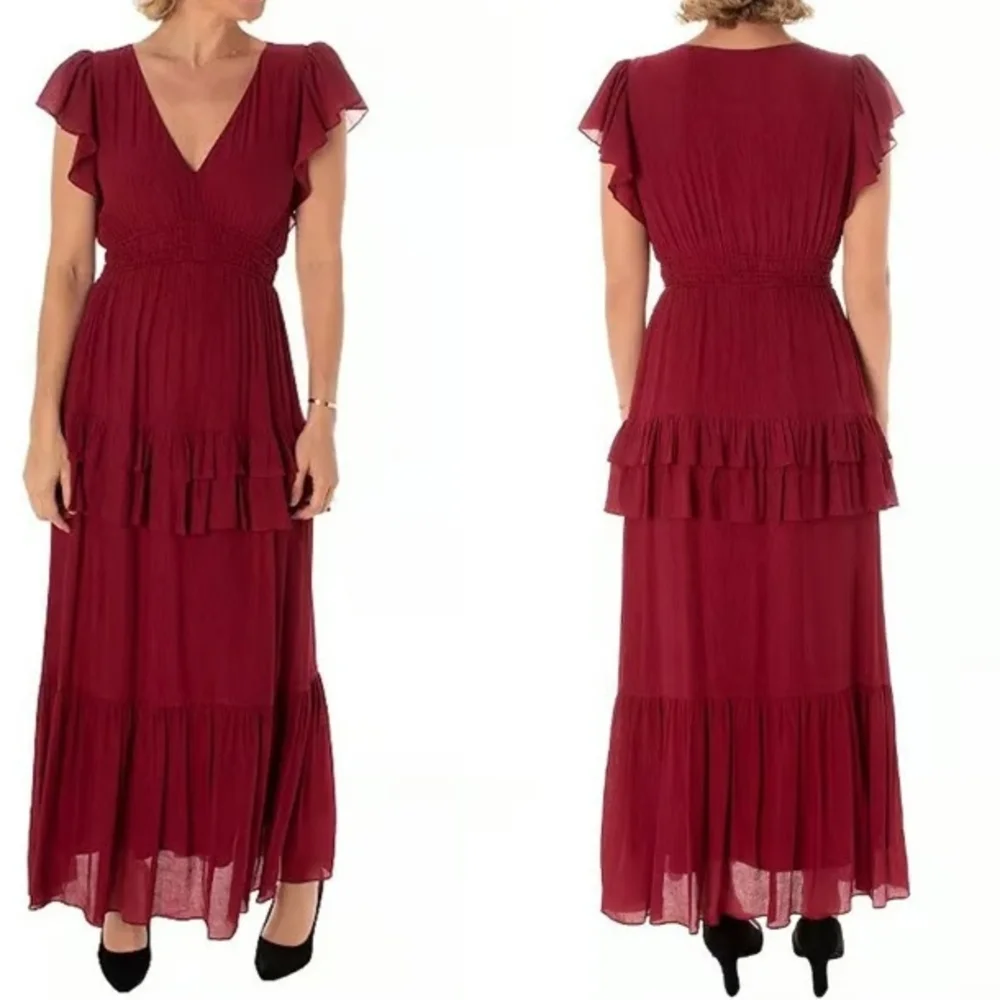 Taylor Burgundy V-Neck Textured Dress - Picture 1 of 15
